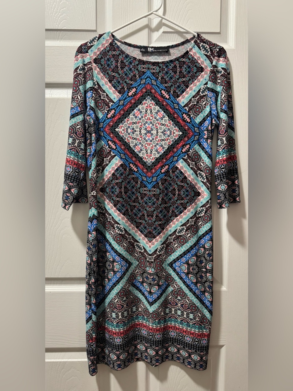 Chetta B Geometric Long Sleeve Dress in Black, Blue, Teal, Pink